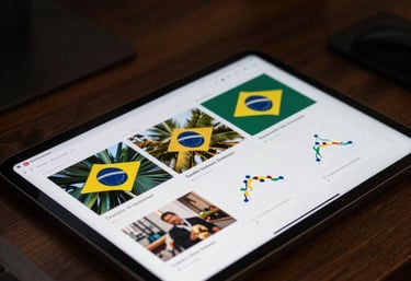 A high-contrast photo of a professional desktop with a digital tablet showing a graphic layout, South American / Brazilian creative studio vibe.