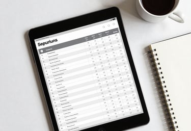 Professional flat lay of a tablet showing a structured data table next to a coffee cup and a clean notebook, pearl white background.