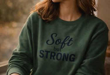 Frau im grünen Sweatshirt mit dem Schriftzug ‚Soft but Strong‘ sitzt am Fenster