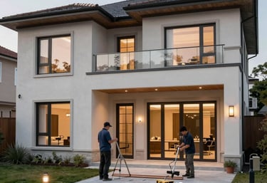 Close-up of a craftsman carefully repairing a wooden window frame in a bright, modern home.