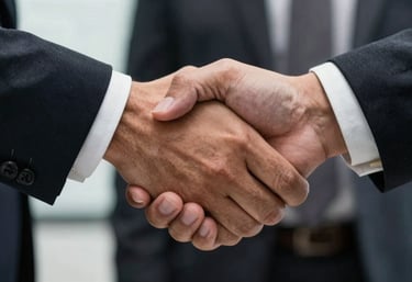 Close-up of a professional handshake in a South American / Brazilian corporate environment, symbolizing trust and business agreement.