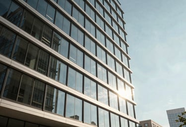 Sunlight streaming through the glass windows of a modern, energy-efficient North American / US corporate headquarters, professional lighting.