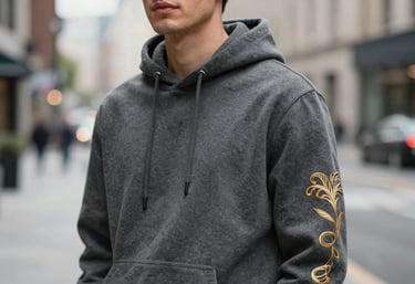 A close-up of a model wearing a charcoal #2C2C2B hoodie with elegant gold #C7B5A0 embroidery on the sleeve. Soft focus on the urban background.