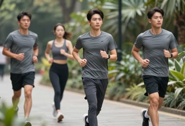 Modern urban joggers in #7A6F62 worn by a model walking through a botanical garden path, showing movement and fabric drape. Clean streetwear aesthetic.