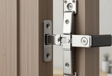 A smiling technician installing an automatic door opener in a bright residential entryway.