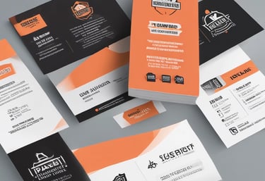 Close-up of colorful printed flyers and business cards on a wooden table.