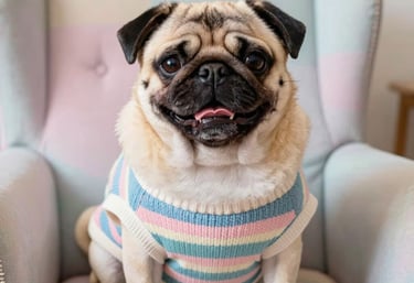 Un perrito feliz usando un swetaer  de rayas colorido