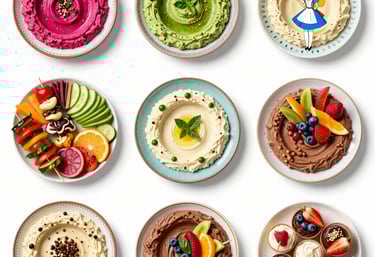 A vibrant spread of colorful hummus bowls with fresh vegetables and gluten-free pita on a rustic wooden table.