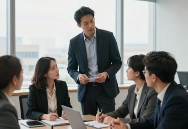 A professional setting in a bright, modern US office with large windows, where a team discusses strategic objectives in a sophisticated atmosphere.