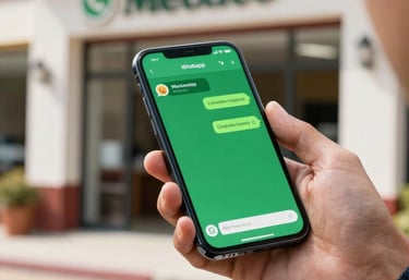 A professional photograph of a person's hand holding a smartphone with a green WhatsApp chat window open, showing a customer inquiry about a local service. The background is a clean, sunlit Mexican business.
