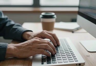 A close-up of a digital marketing strategist's hands typing on a sleek keyboard in a modern North American office. A branded coffee mug and soft light from a side window complete the professional scene.