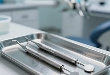A close-up of a high-end dental tool on a clean, professional tray. The background is a modern North American dental office with soft lighting and professional blue tones.