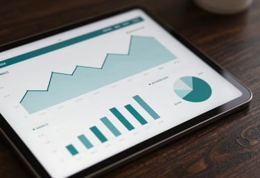 A close-up of a digital tablet displaying financial analytics and charts on a dark wooden desk, incorporating #263238 and #B0BEC5.