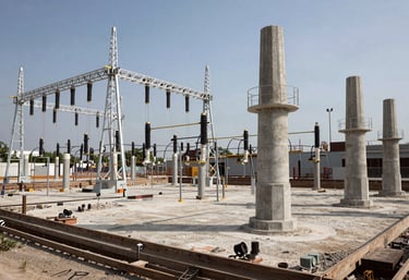 A wide shot of a massive industrial cimentación project under construction for a substation, showing scale and engineering authority.