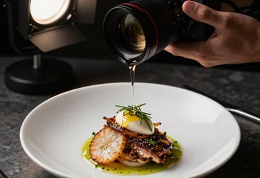 A photographer capturing a high-contrast shot of gourmet food in a North American restaurant setting, professional studio lighting, sophisticated atmosphere.