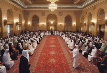 A vibrant cultural symposium with people sharing Arabic traditions and language experiences.