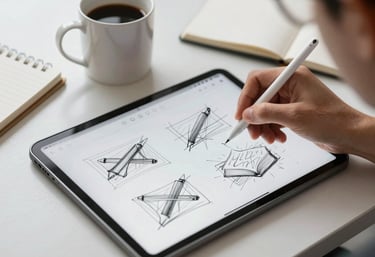 A high-quality photograph of a person sketching app wireframes on a tablet using a stylus. The desk is organized with a coffee mug and a notepad in a bright US setting.