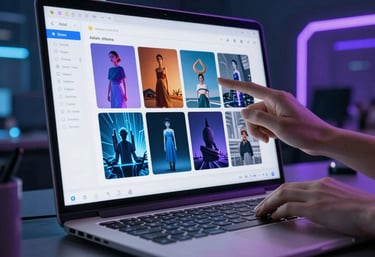 A user happily downloading their AI-generated image on a modern laptop with a dark tech interface.