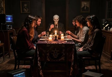 A group of people gathered around an old, eerie mansion at dusk, holding flashlights and EVP recorders.