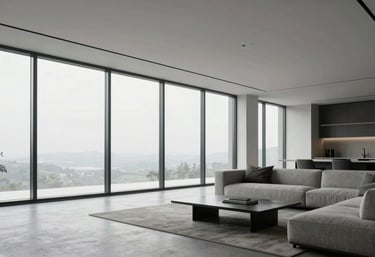 A photo of a minimalist, modern living room with floor-to-ceiling windows and clean architectural lines.