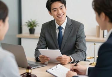A confident legal advisor discussing documents with a startup team in a modern office.