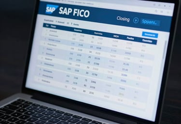 Close-up of hands analyzing financial data on a laptop with navy blue corporate branding.
