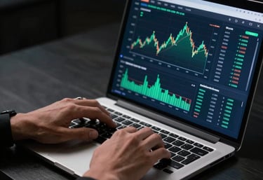 A calm workspace with a laptop displaying financial graphs and notes.