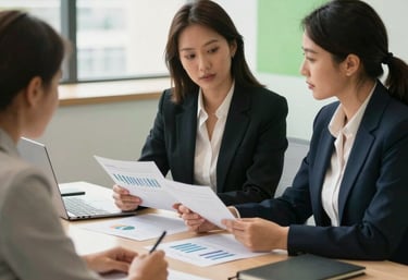 A professional consultant explaining financial charts to a business team in a modern office.