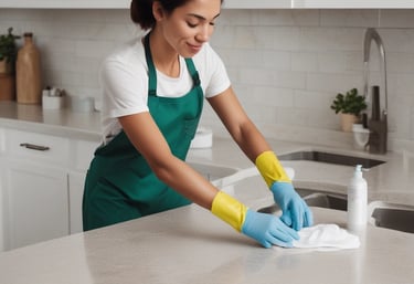 A smiling cleaner dusting a cozy living room with sunlight streaming through the windows.