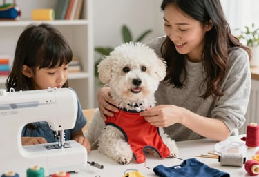 Una mujer y una niña utilizan una máquina de coser para confeccionar ropa a medida para su perro Bichón Frisé blanco.
