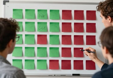 A creative team brainstorming around a table; colorful Post-it notes in Matte Forest Green and Deep Ripe Crimson are arranged on a white board.