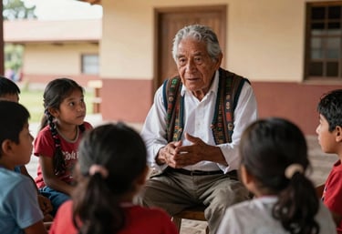 A documentary-style photo of an elder telling a story to children at a South American / Brazilian / Bolivian cultural center. Soft afternoon lighting, warm atmosphere, professional composition.