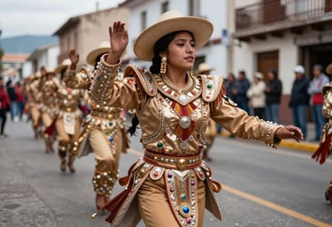 A vibrant photograph of a traditional Bolivian dancer performing Caporales in a street parade in a South American / Brazilian / Bolivian city. The focus is on the intricate, shimmering costume with metallic and warm tan details.