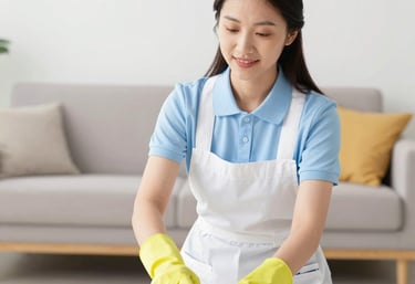 A bright, tidy living room freshly cleaned with sunlight streaming through the windows.