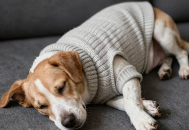 perro disfrutando de una siesta, usando un sueter hecho en patitas coquetas