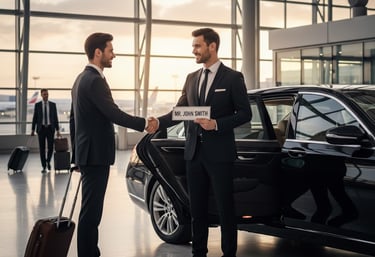 “Chauffeur greeting passenger at O’Hare airport with luxury Chicago black car service.”
