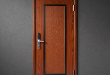 Close-up of a sturdy fire-resistant door installed in a modern building.