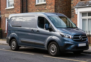 A modern locksmith service van with subtle dark blue and silver branding parked on a tidy British residential street.