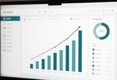 A professional data dashboard showing upward growth trends on a screen, with a color palette of #345B6D and #8FA8B4, representing successful digital strategy.