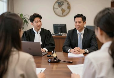 Team of lawyers discussing strategy in a sleek, minimalist office.