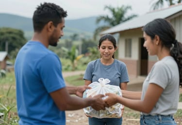 A community distribution of food and aid in a rural Colombian setting, emphasizing empathy, support, and hope, with the palette using mid-blue #2E8BC0 and natural olive #8C9A4D.