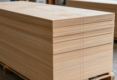 A clean, organized stack of premium drywall sheets inside a bright North American / US warehouse, showing the brand's commitment to quality.