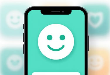 A colorful close-up of a mobile screen showing an animation of a smiling face icon, using #9CC0B9 and #F0F4F7. The image feels fun and lively.