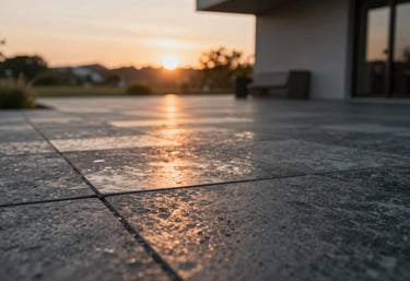 A stylish patio area at sunset, where the warm light reflects off a polished, dark slate stamped concrete floor, highlighting the texture.