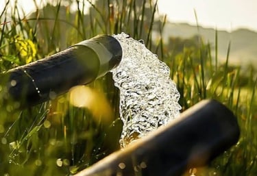 Clear water flowing from an agricultural irrigation pipe into a green field at sunrise.