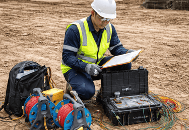 Engineer performing a geophysical site survey with seismic equipment at a construction site.