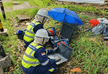 Two female technicians in safety gear using a laptop and geophysical equipment for field surveys.