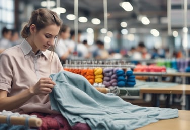 A bright, modern textile factory floor with skilled workers handling colorful knitwear fabrics.