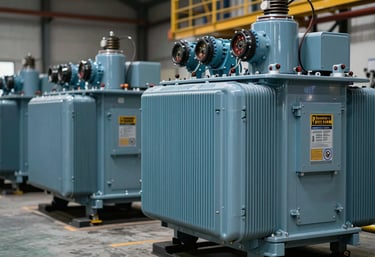 A row of new, professional-grade industrial transformers in a warehouse setting, showcasing high-voltage equipment in a sleek steel blue finish.