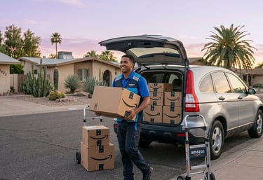 Package delivery driver unloading rental car for gig work in Tucson Arizona